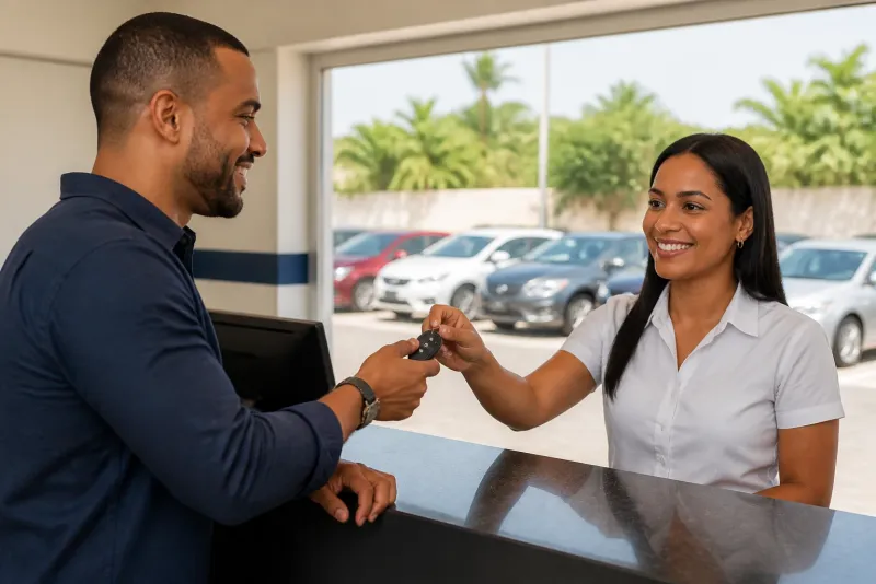 Agente de alquiler de autos entregando las llaves a un cliente en el mostrador